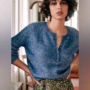Sezane Blue Mohair Henley Sweater